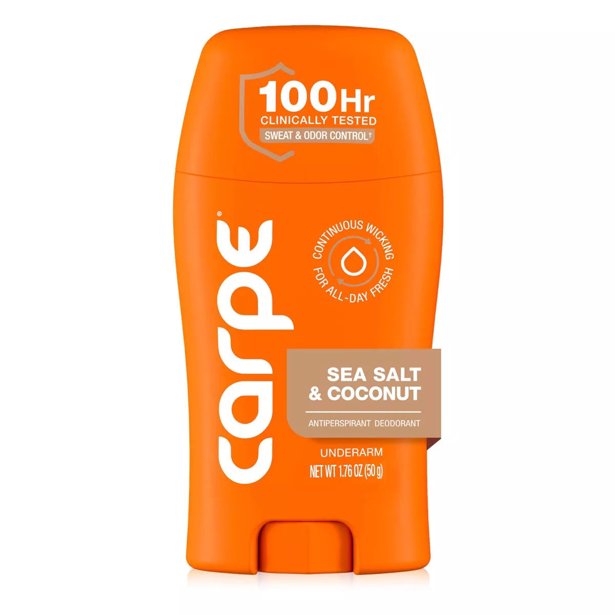 AuraLab Carpe Men’s 100HR clinical sweat and odor control underarm antiperspirant deodorant stick, 1.76 oz, with clear packaging and branding
