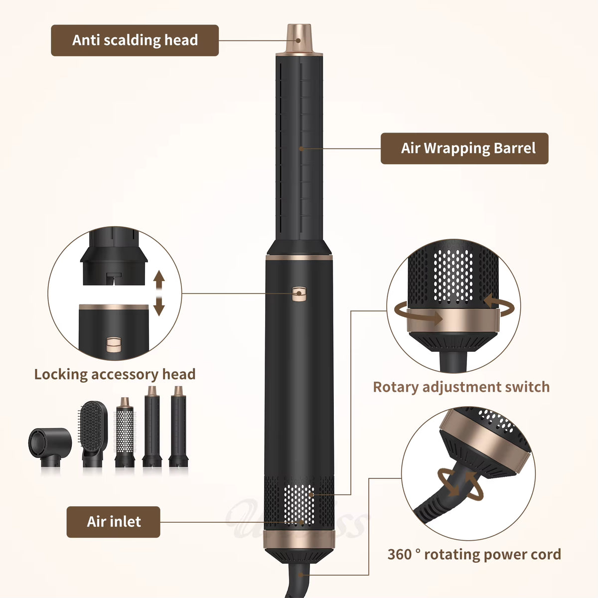 5 in 1 Blow Dryer Brush, Hair Dryer Brush Air Curler Air Curling Wrap Styler, Hot Air Brush Negative Ion Curler
