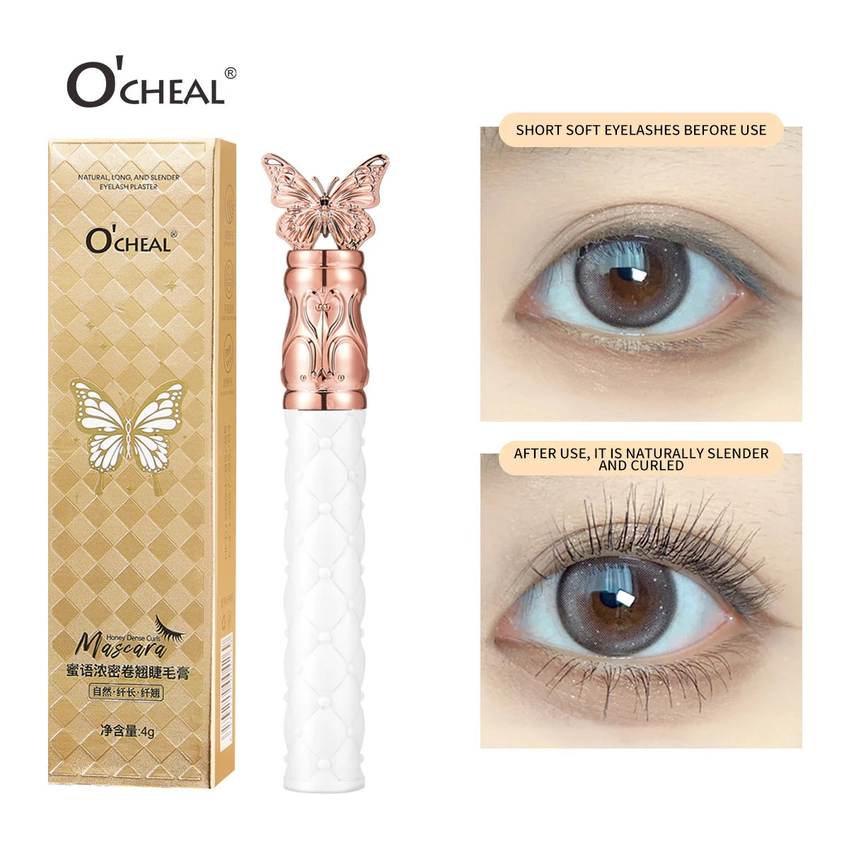 AuraLab O‘Cheal Mascara in black showing the mascara brush with 3D silk lashes for curling and lengthening eyes.