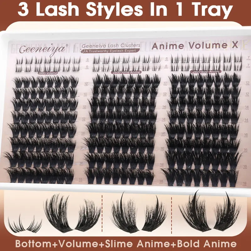 Geeneiya Anime Meet Volume Lash Clusters Kit with Bottom Lashes |Volume Lashes |Spike Lashes | with Waterproof Lash Bond and Seal, Tweezers,Diy Lash Clusters Kit D Curvature #Sohochic