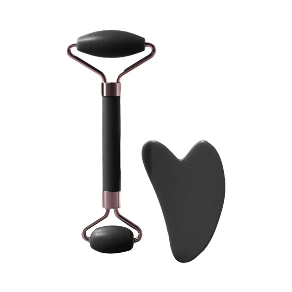 AuraLab dual size facial massage kit with heart-shaped Gua Sha board and double-ended roller for skin lifting and puffiness reduction.