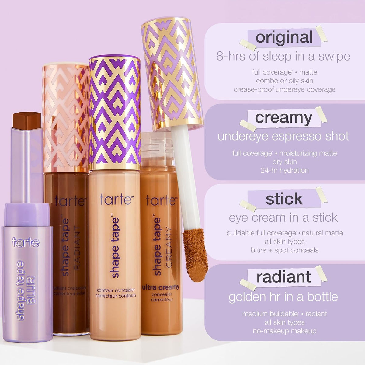 AuraLab Tarte Shape Tape Concealer in soft matte finish with brightening applicator, long-lasting vegan and cruelty-free face makeup.