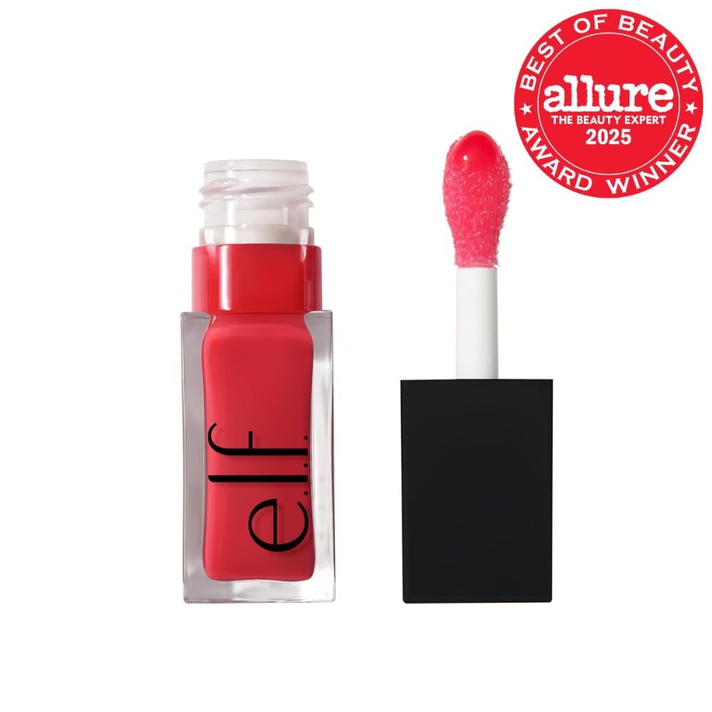 AuraLab Glow Reviver Lip Oil in Red Delicious with shiny, smooth lips and vibrant red tint on a neutral background.