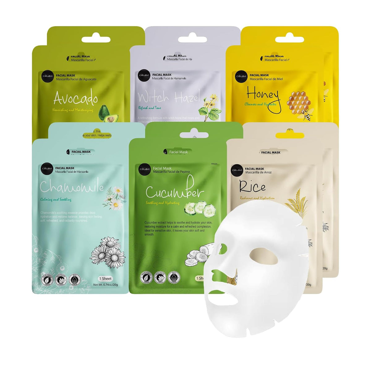 AuraLab Celavi Essence Facial Face Masks, K-Beauty skincare set with two moisturizing masks, for glowing, hydrated skin.