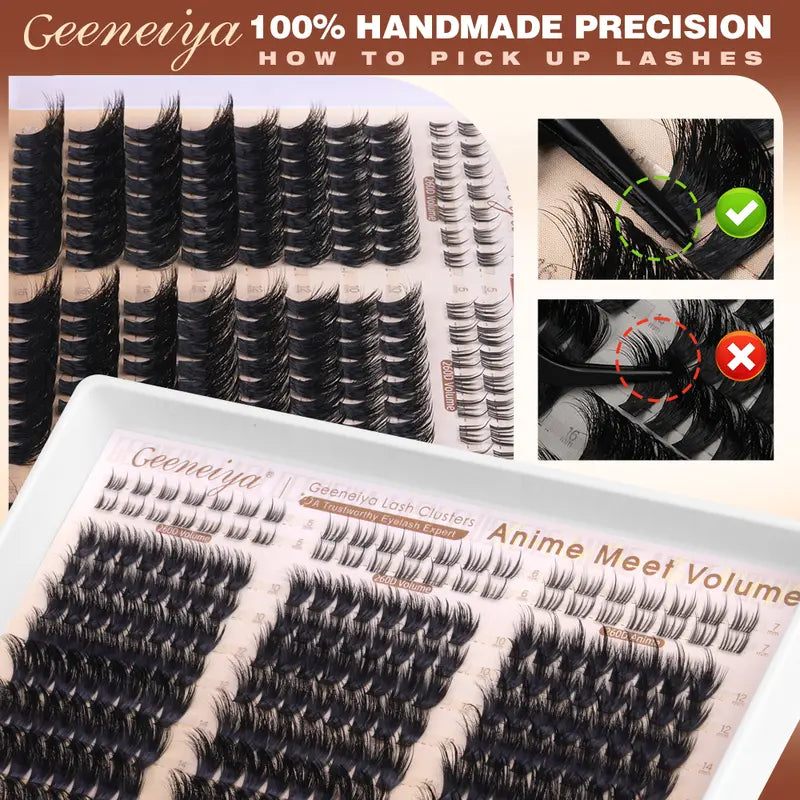 Geeneiya Anime Meet Volume Lash Clusters Kit with Bottom Lashes |Volume Lashes |Spike Lashes | with Waterproof Lash Bond and Seal, Tweezers,Diy Lash Clusters Kit D Curvature #Sohochic