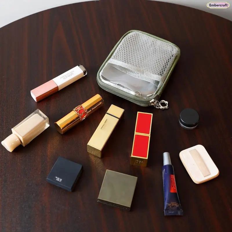 Women'S Partitioned Polyester Mini Makeup Bag - Organized Built-In Organizer, Zipper Closure, Portable Toiletry Holder, Ideal for Airplane Travel & Daily Use, Fashion Accessory, Useful Mini Gifts for Women