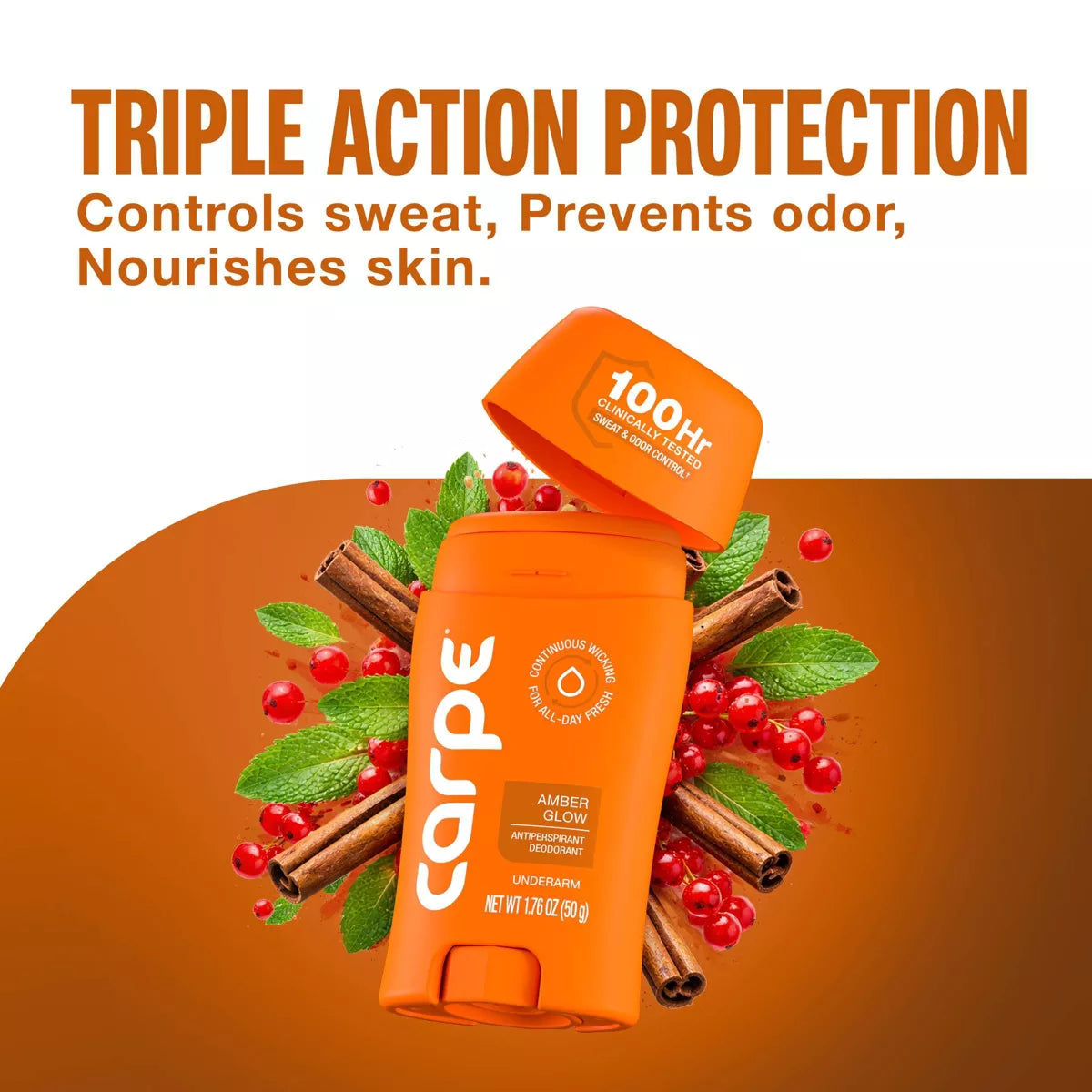 AuraLab Carpe Women’s 100HR sweat and odor control antiperspirant deodorant stick, 1.76oz, showing the product in its packaging.