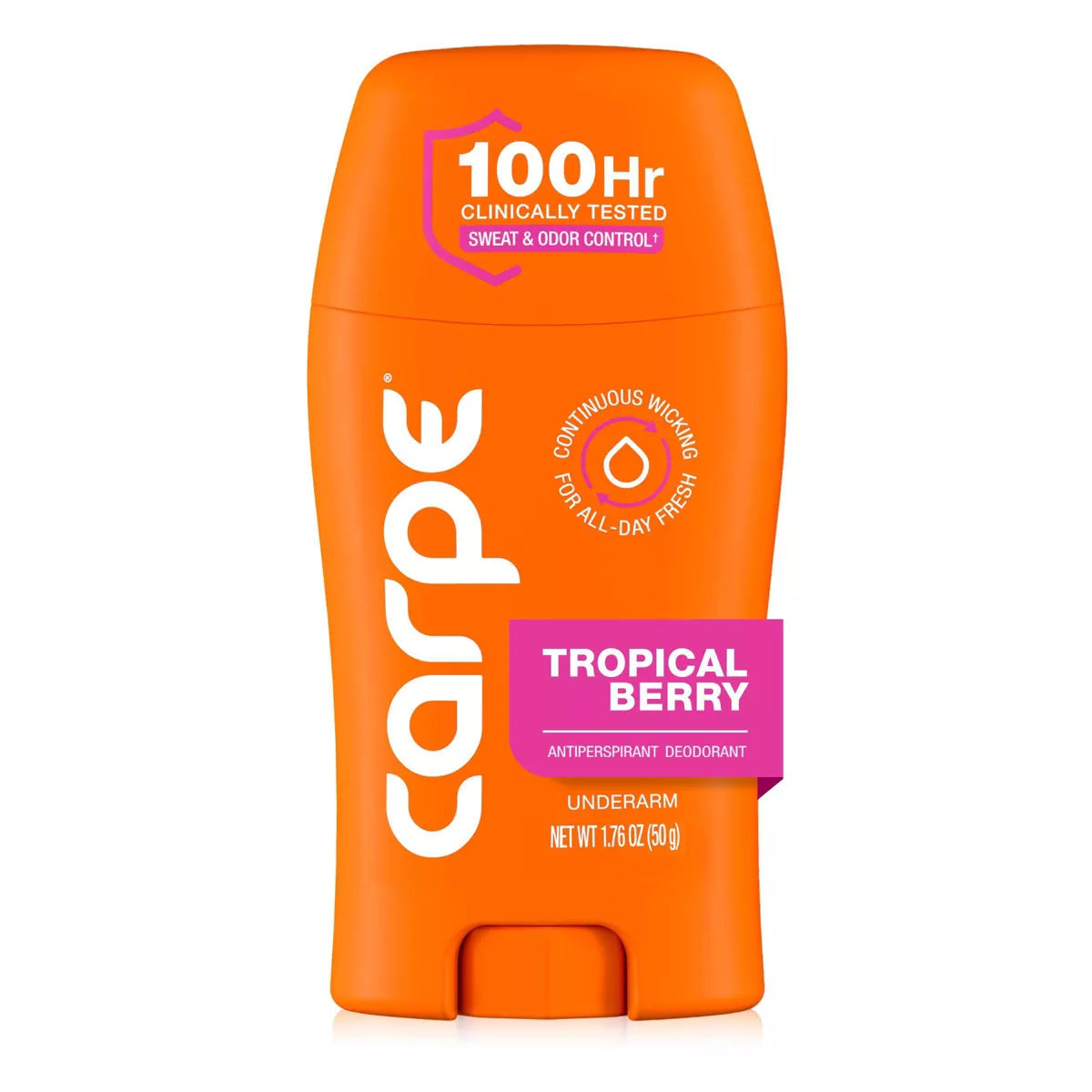 AuraLab Carpe Women’s 100HR antiperspirant deodorant stick, sweat and odor control, 1.76oz, with clinical testing benefits.