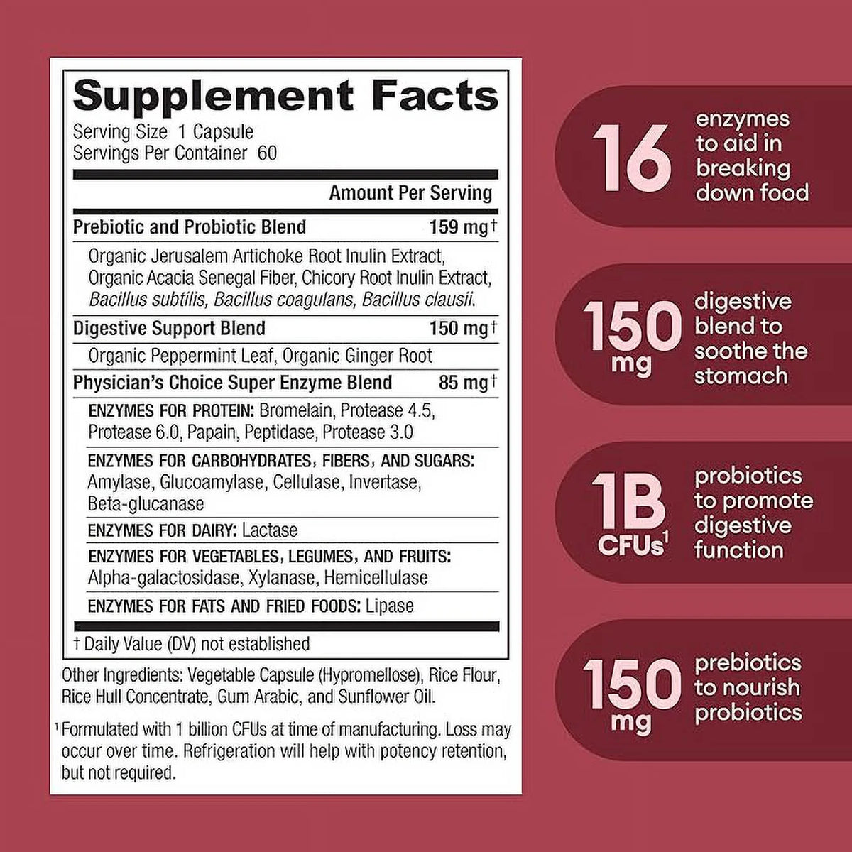 AuraLab Physician's Choice Digestive Enzymes bottle with 180 capsules, designed to support gut health and reduce bloating.