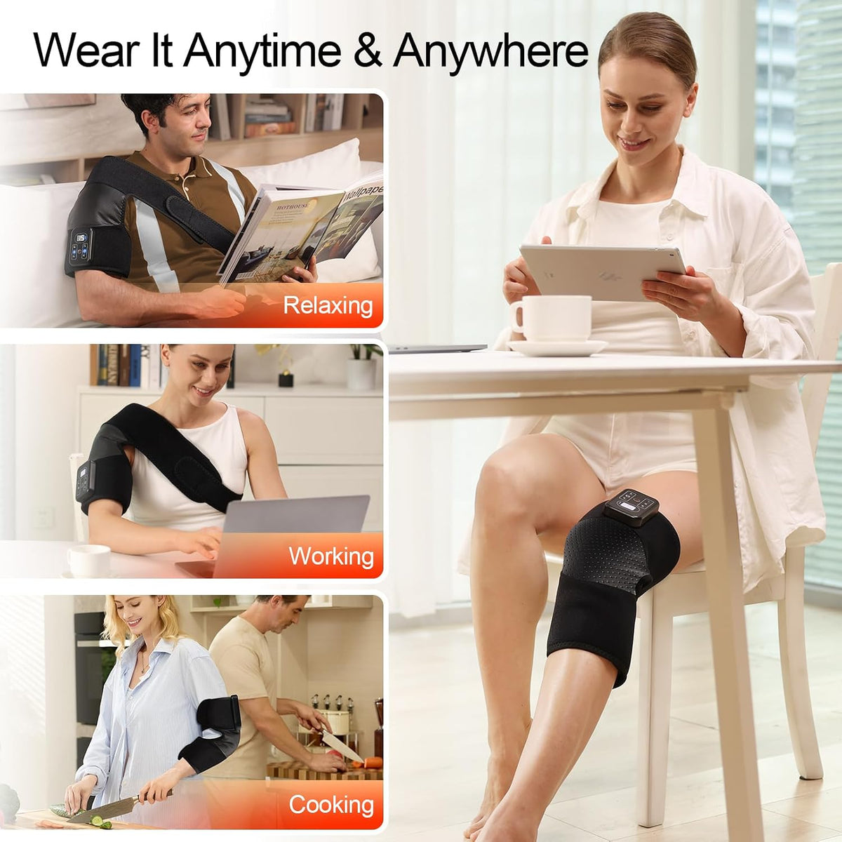 AuraLab cordless 2-in-1 knee and shoulder massager with heat, featuring a compact design and flexible straps for targeted relief.