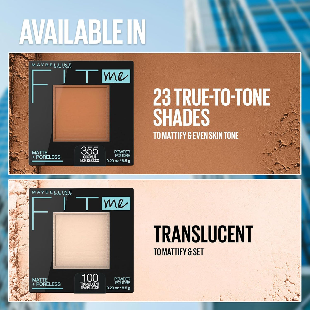 AuraLab Maybelline Fit Me Matte Poreless Pressed Face Powder in Buff Beige, close-up of compact with powder in a beige shade