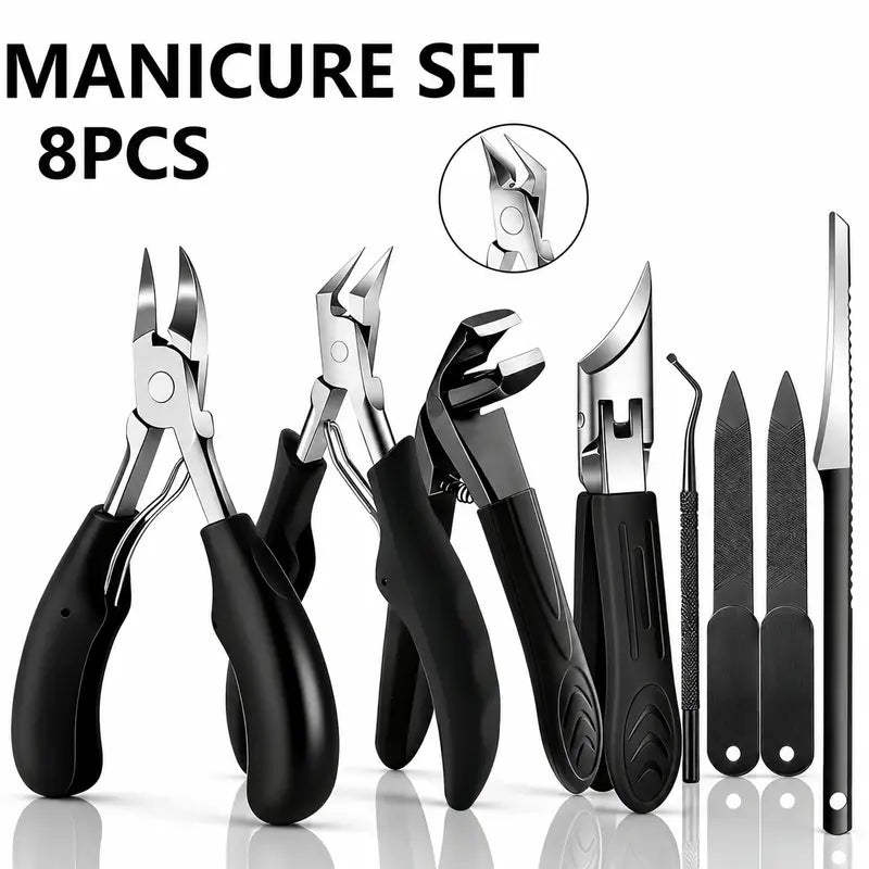 8PCS Toenail Clipper Set for Thick & Ingrown Nails, Heavy Duty Nail Clippers, Professional Manicure Kit with Angled Blade, Cuticle Tools & Nail File, Stainless Steel Pedicure Kit Curved Summervibes Trimming