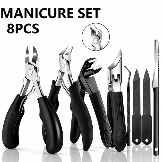 8PCS Toenail Clipper Set for Thick & Ingrown Nails, Heavy Duty Nail Clippers, Professional Manicure Kit with Angled Blade, Cuticle Tools & Nail File, Stainless Steel Pedicure Kit Curved Summervibes Trimming