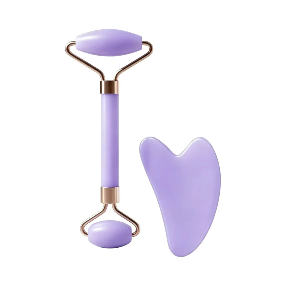 AuraLab dual size facial massage kit with heart-shaped Gua Sha board and double-end roller for skin lifting and puffiness reduction.
