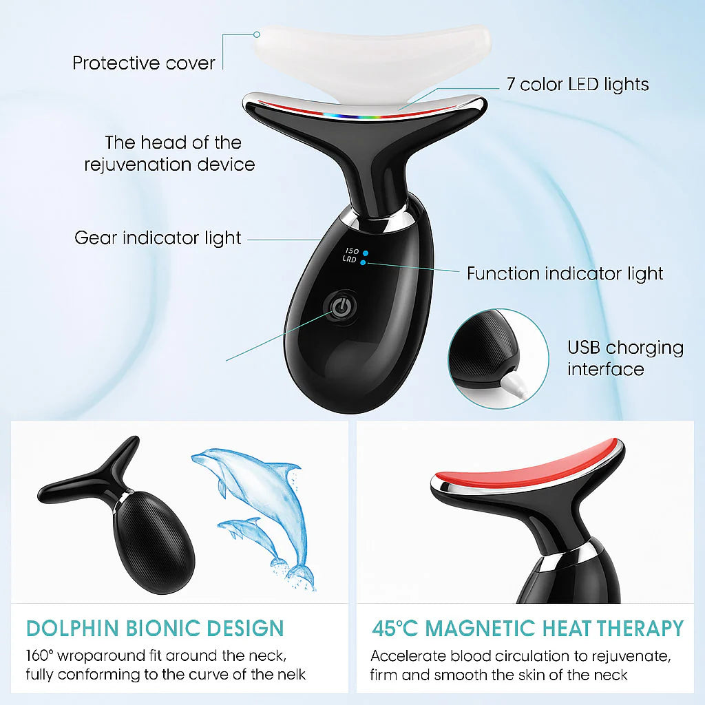 AuraLab neck face lifting massager device with LED lights for skin tightening and wrinkle reduction, targeting double chin.