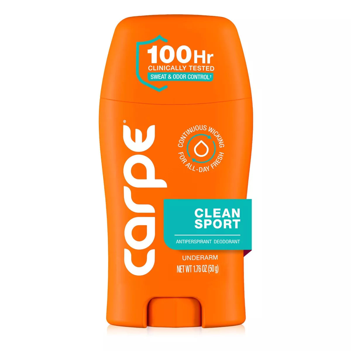 AuraLab Carpe Men’s 100HR sweat and odor control antiperspirant deodorant stick, 1.76 oz, with smooth packaging and twist-up design.