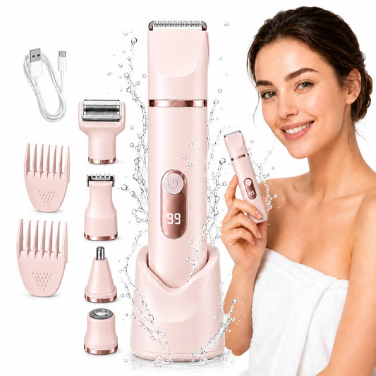AuraLab 5-in-1 electric razor and bikini trimmer for women, pink cordless hair remover with LED display for face, legs, and body.
