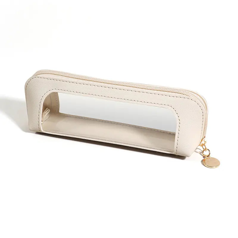 Portable Makeup Brush & Cosmetic Bag in three colors: white, brown, and black, showcasing a clear window design.Portable Lightweight Makeup Brush Bag & Cosmetic Bag - Multi-Functional Zipper Pouch, Multi-Functional Zipper Pouch for Travel & Stationery Storage, Trendy Girls' Essential Organizer, Cosmetic Pouches
