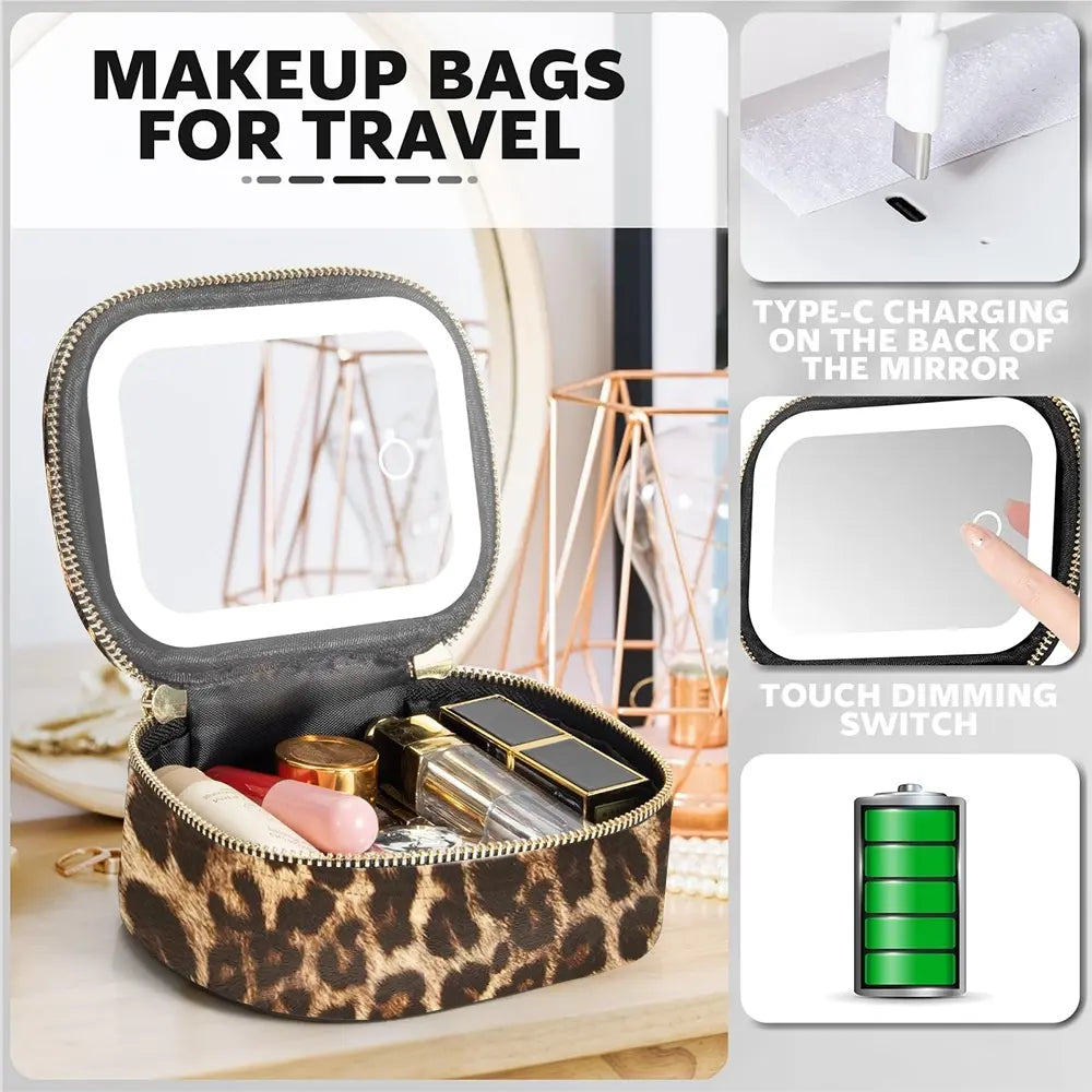 Leopard Print Mini Travel Makeup Bag with LED Light Mirror, 500Mah Rechargeable Touch Dimmable Beauty Storage Pouch for Travel, Cosmetic Bags