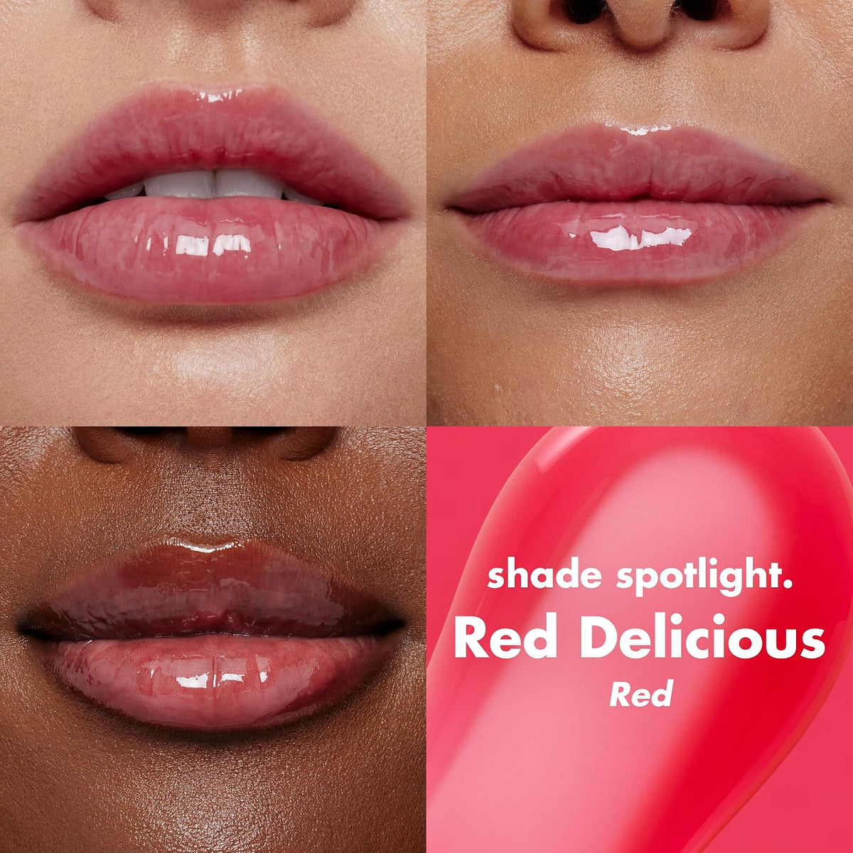 AuraLab Glow Reviver Lip Oil in Red Delicious, featuring a sleek tube with vibrant red lip oil visible inside.