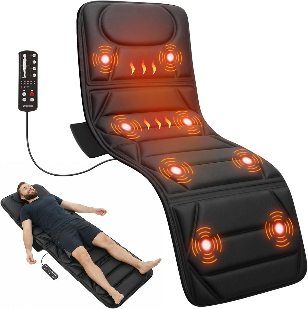 AuraLab full body massage mat with heat and 10 motors, designed for sofa or bed relaxation, showing the massage pad and control panel.