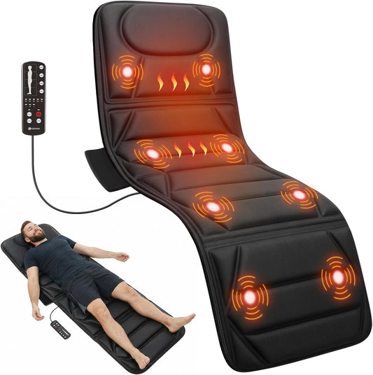 AuraLab full body massage mat with heat and 10 motors, designed for sofa or bed relaxation, showing the massage pad and control panel.