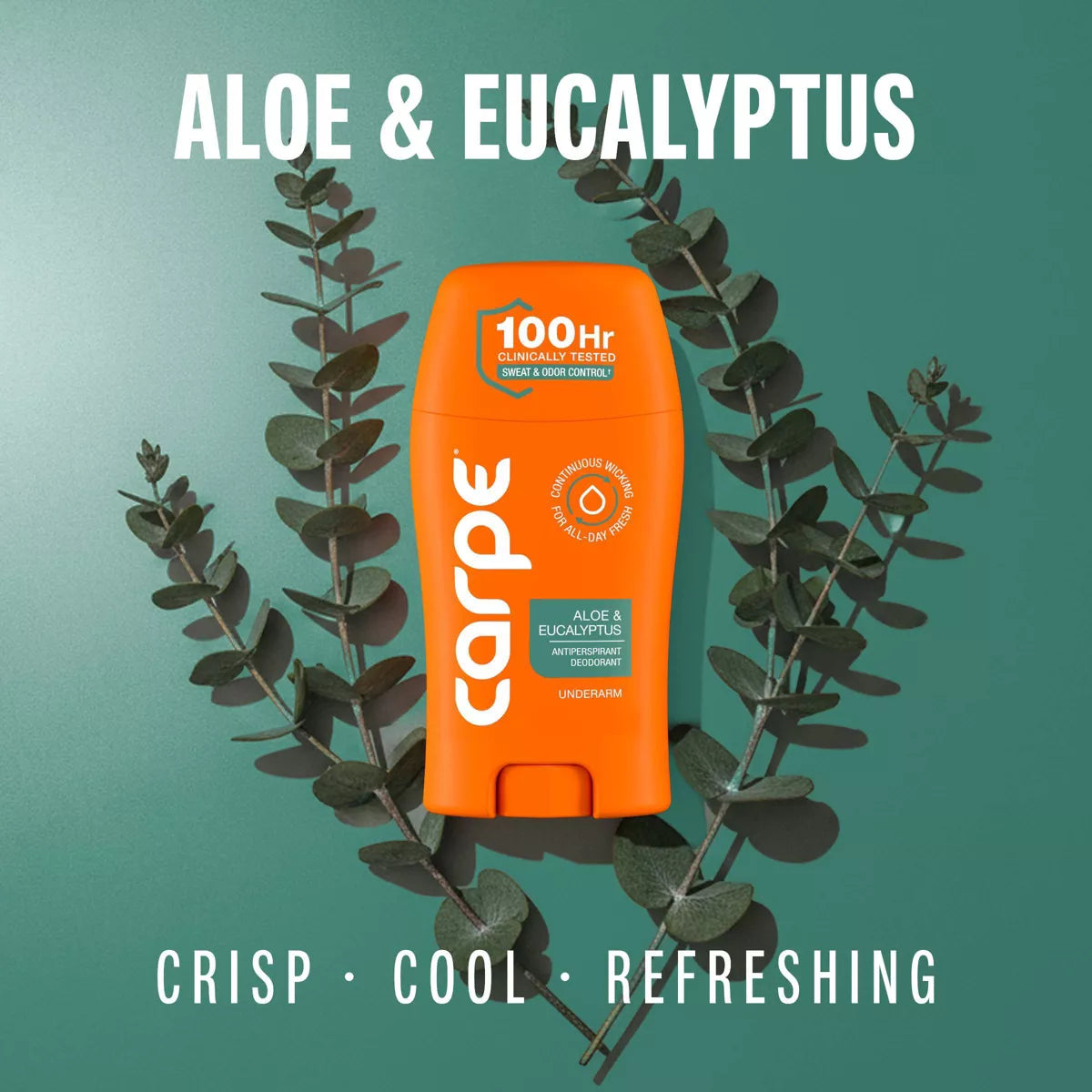 AuraLab Carpe Men’s 100HR sweat and odor control antiperspirant deodorant stick, 1.76oz, with clear branding and smooth packaging.