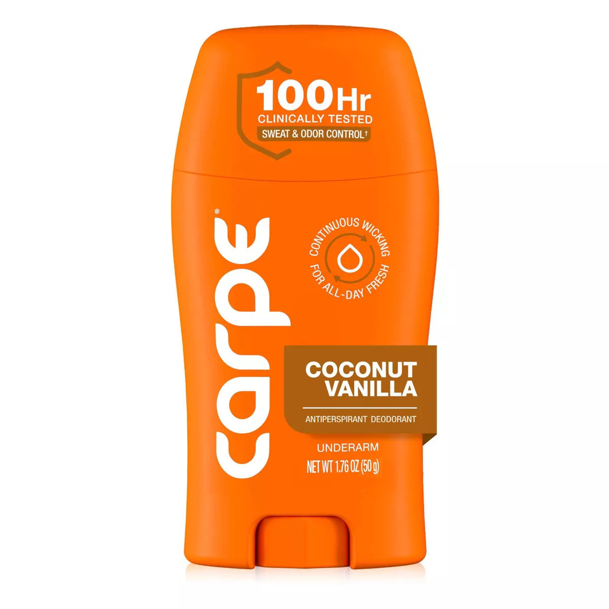 AuraLab Carpe Women’s 100HR sweat and odor control antiperspirant deodorant stick, 1.76 oz, with clear packaging and branding.