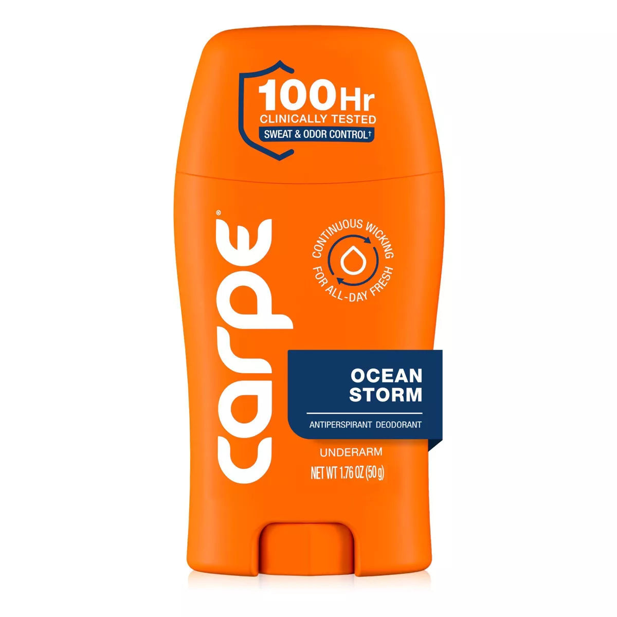 AuraLab Carpe Men’s 100HR antiperspirant deodorant stick with clinical sweat and odor control, shown in a 1.76 oz container.
