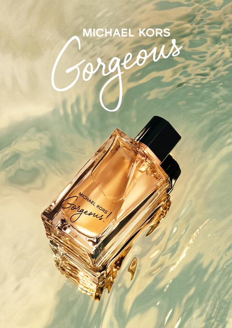 Michael Kors Gorgeous! Eau De Parfum spray for women, featuring elegant glass bottle with gold accents and floral fragrance details.