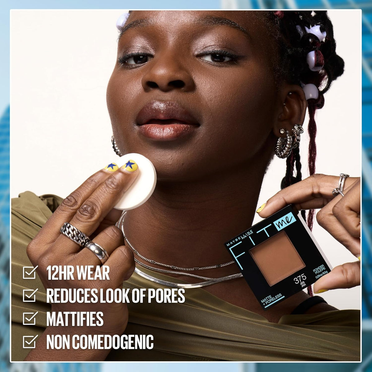 AuraLab Maybelline Fit Me Matte Poreless face powder in Buff Beige, pressed makeup and setting powder, natural finish