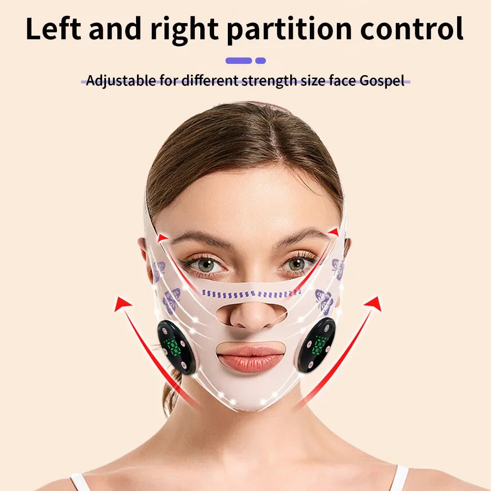 AuraLab EMS face massage mask with thin strap, USB charging, facial slimming, face lifting, and double chin reduction.
