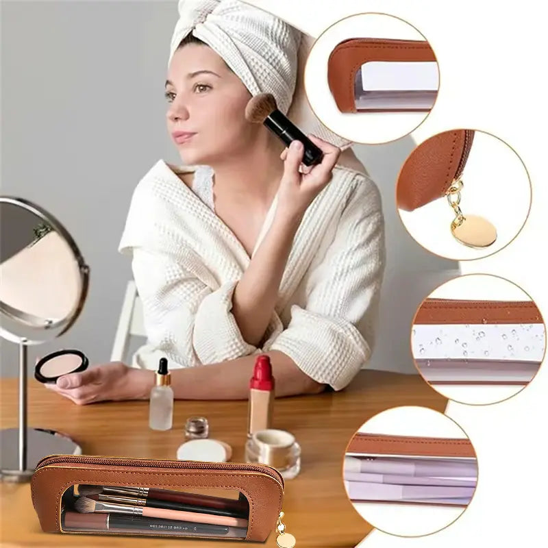 Portable Makeup Brush & Cosmetic Bag featuring a woman applying makeup, showcasing beauty tools and a stylish organizer.