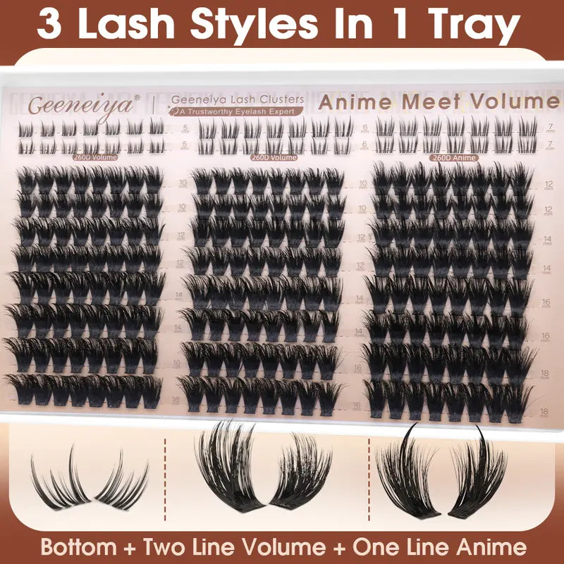Geeneiya Anime Meet Volume Lash Clusters Kit with Bottom Lashes |Volume Lashes |Spike Lashes | with Waterproof Lash Bond and Seal, Tweezers,Diy Lash Clusters Kit D Curvature #Sohochic