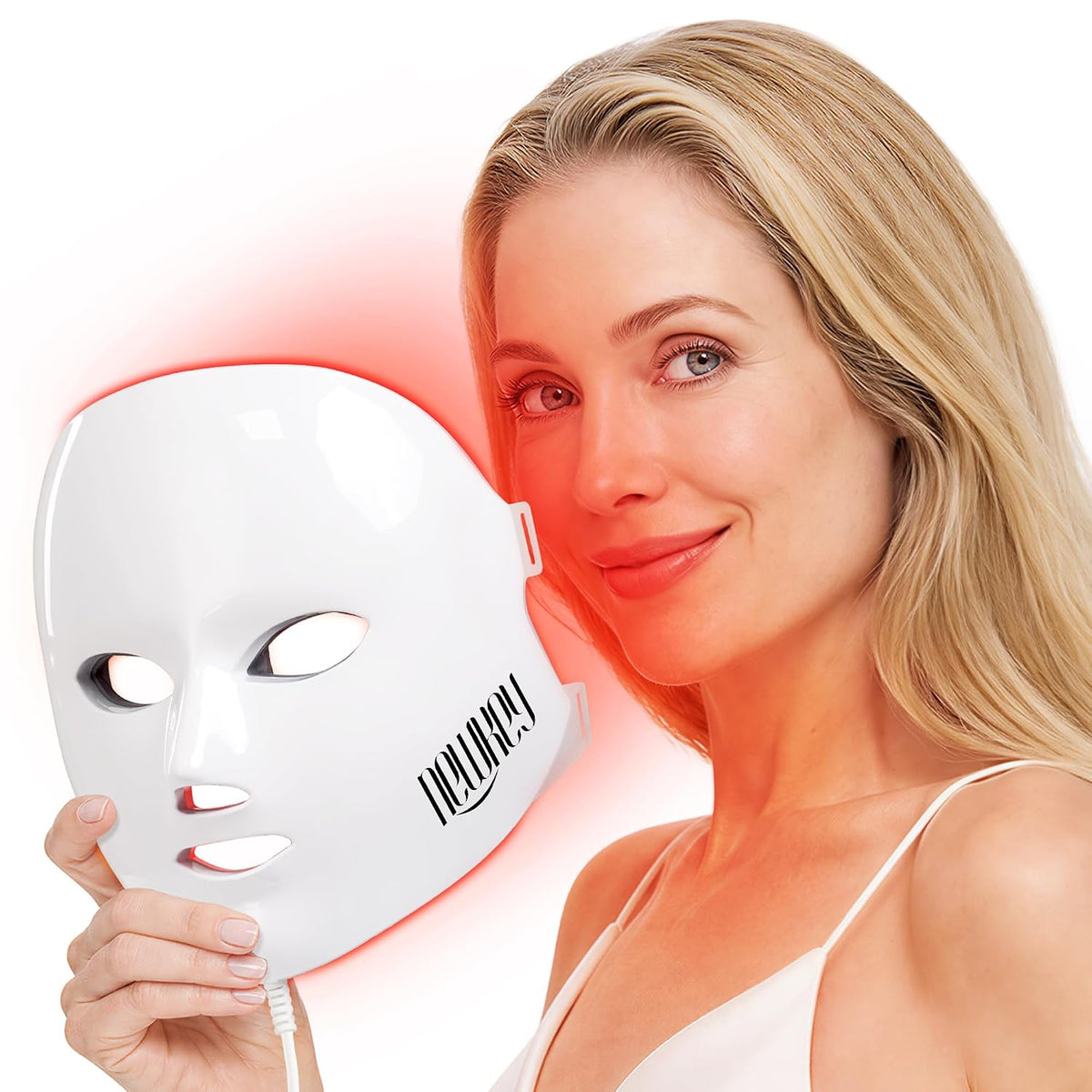 AuraLab red light therapy facial mask with 150 LEDs, featuring 7 color options for anti-aging, acne, and skin rejuvenation at home.