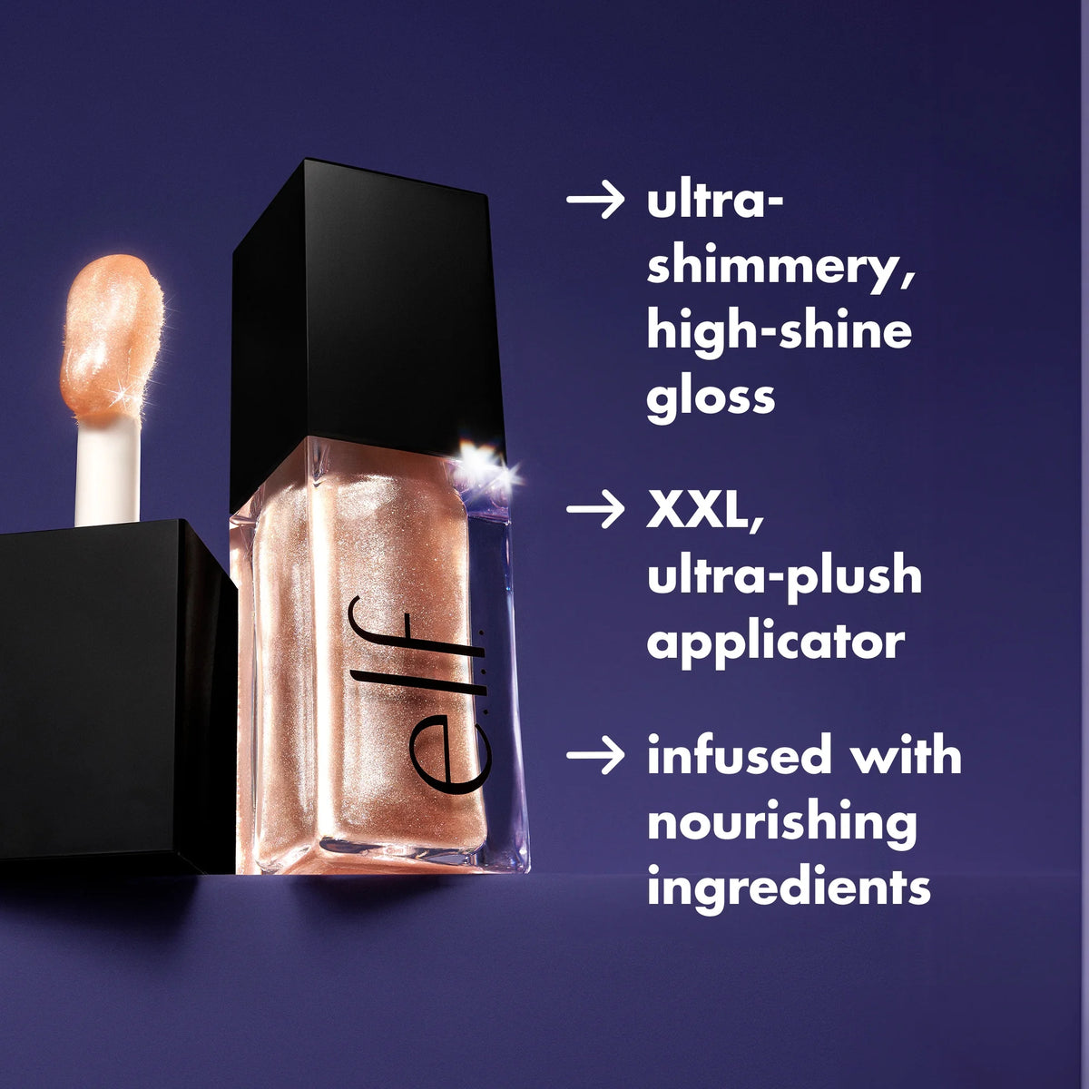 AuraLab E.L.F. Glow Reviver Lip Oil Glimmer in Candy Coded, showcasing shiny, tinted lip oil with a clear applicator and vibrant color.