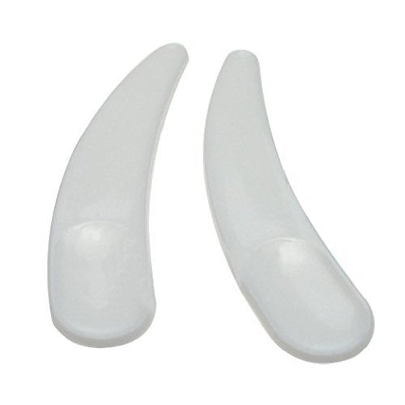 Set of 100 white mini curved cosmetic scoop spoons by AuraLab for makeup and mask application, made of durable plastic.
