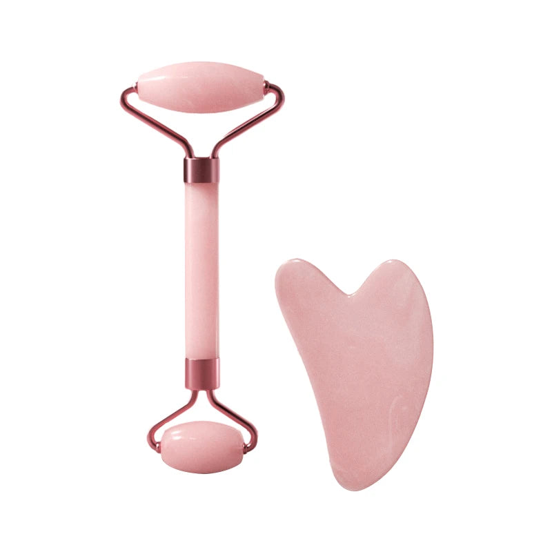 AuraLab dual size facial massage kit with heart-shaped Gua Sha board and double end roller for skin lifting and puffiness reduction.