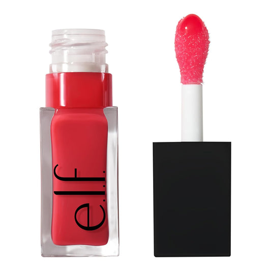 AuraLab Glow Reviver Lip Oil in Red Delicious, showing a clear glass bottle with a red-tinted lip oil and a sleek applicator.