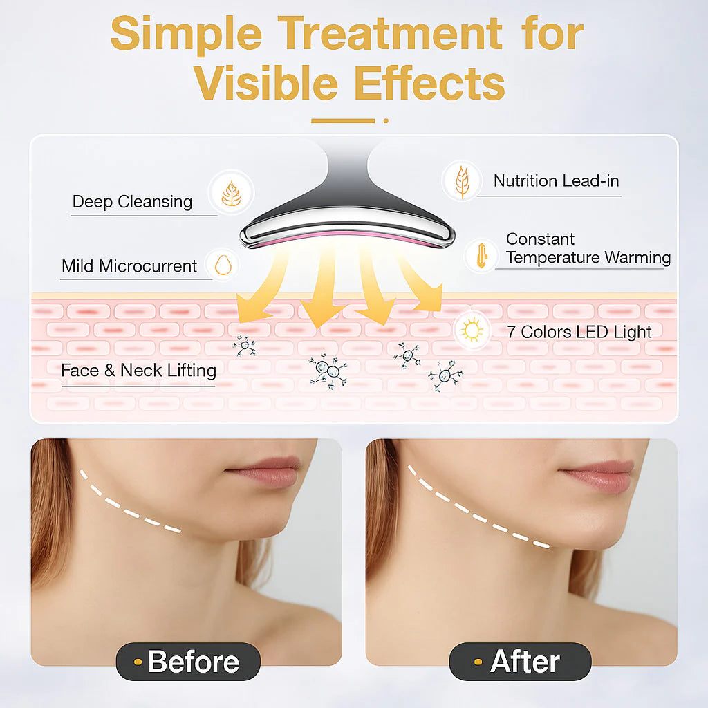 AuraLab neck face lifting massager with LED lights for skin tightening and anti-wrinkle treatment, featuring double chin reduction.