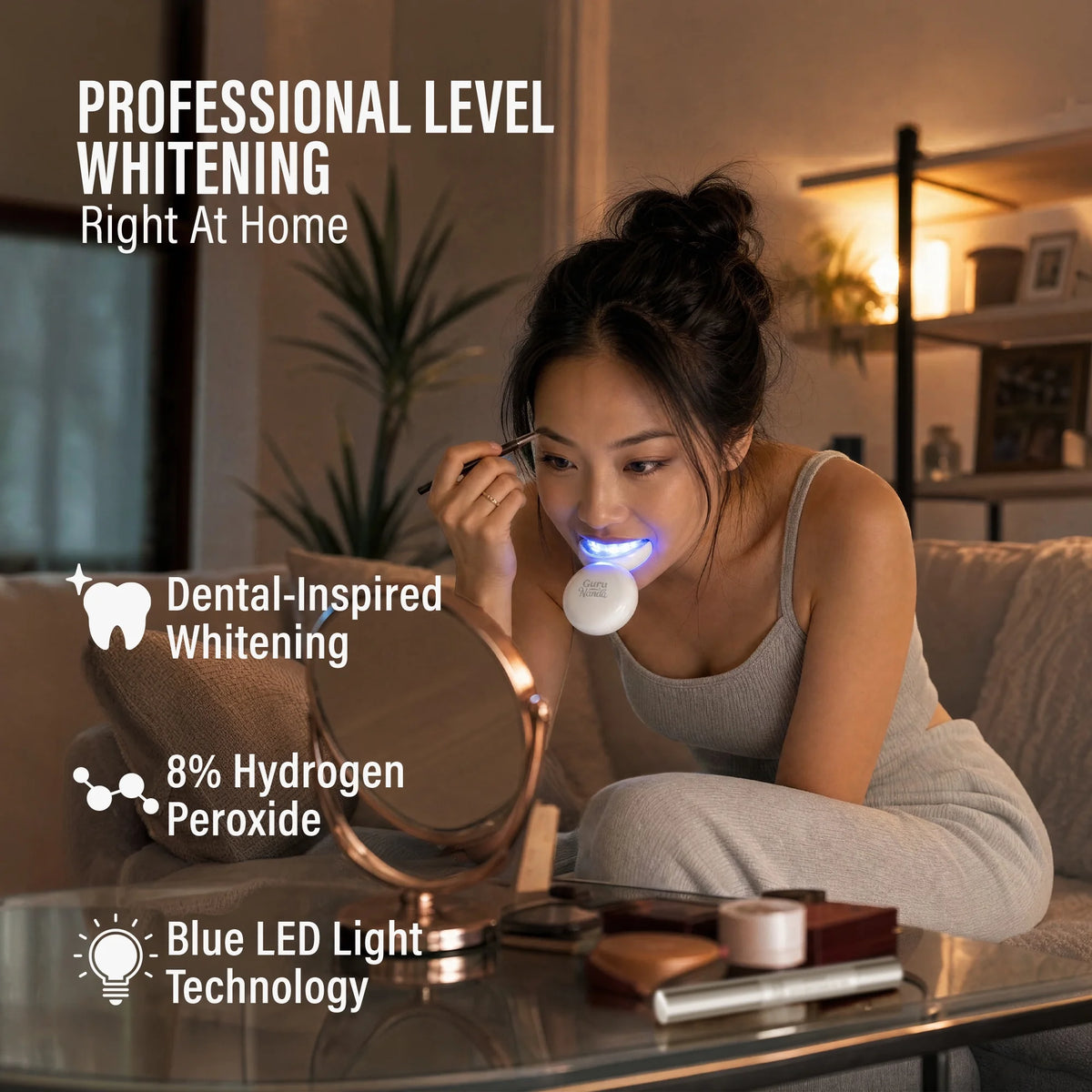 AuraLab professional teeth whitening wireless kit with LED mouthpiece and whitening gel in a sleek case.