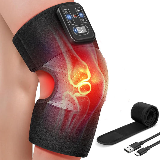 AuraLab cordless 2-in-1 knee massager with heat and shoulder heating pad, showing the compact, ergonomic design in use.