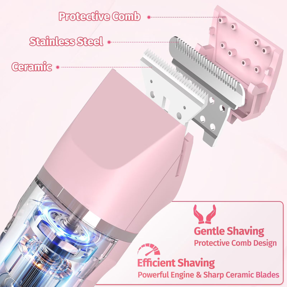 AuraLab electric women's bikini trimmer with LED display, pink 5-in-1 cordless hair remover for face, legs, underarms, nose, and body.