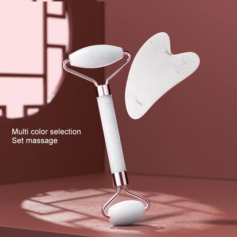 AuraLab dual size facial massage kit with heart-shaped Gua Sha board and double end roller for skin lifting and puffiness reduction.