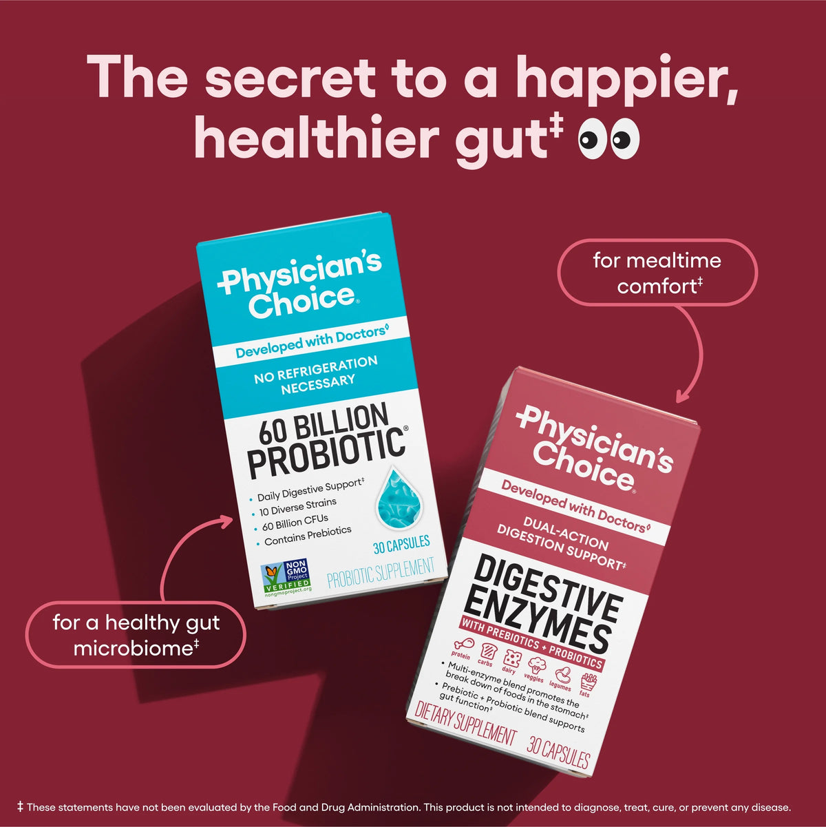 AuraLab Physician's Choice Digestive Enzymes bottle showing 180 capsules, designed to support gut health, digestion, and reduce bloating.