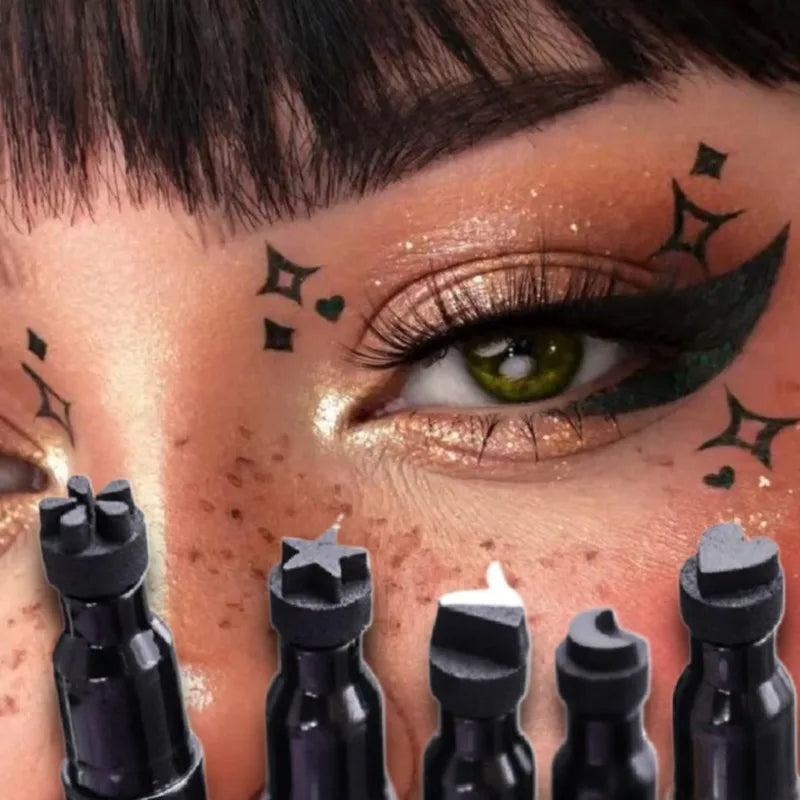 AuraLab 2-in-1 black liquid eyeliner with moon stamp, double-head design, quick-dry, non-smudge, long-lasting, easy to apply.