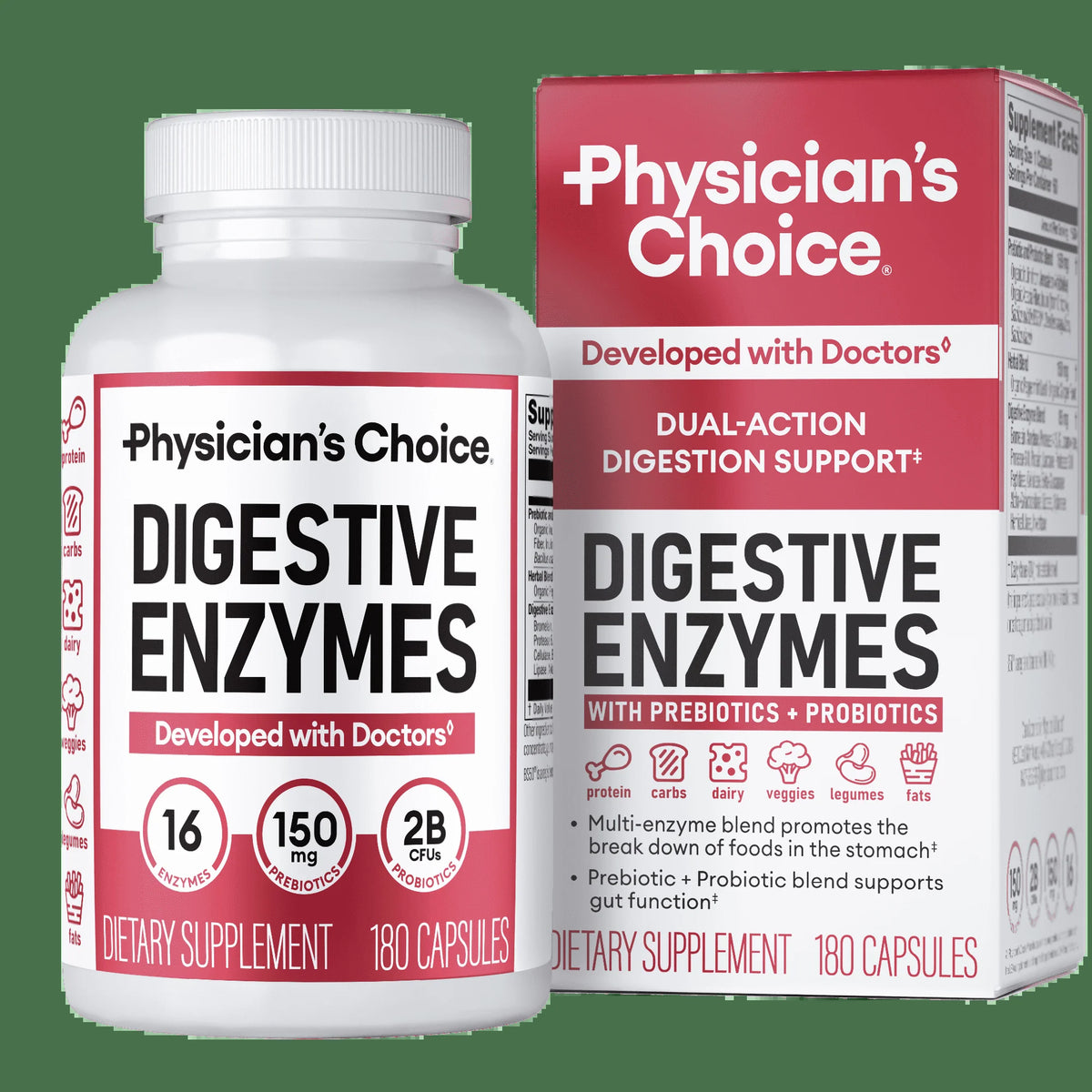 AuraLab Physician's Choice Digestive Enzymes bottle with 180 capsules, designed to support gut health, reduce bloating, and improve digestion.