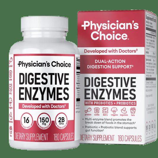 AuraLab Physician's Choice Digestive Enzymes bottle with 180 capsules, designed to support gut health, reduce bloating, and improve digestion.