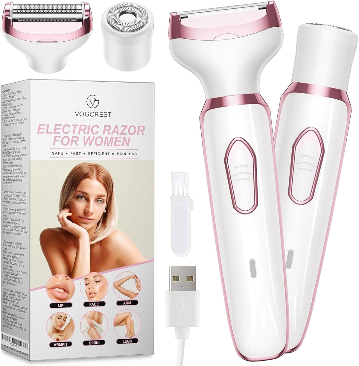 AuraLab electric razor and trimmer for women, 2-in-1 painless body and facial hair remover for face, body, legs, bikini, and underarms.