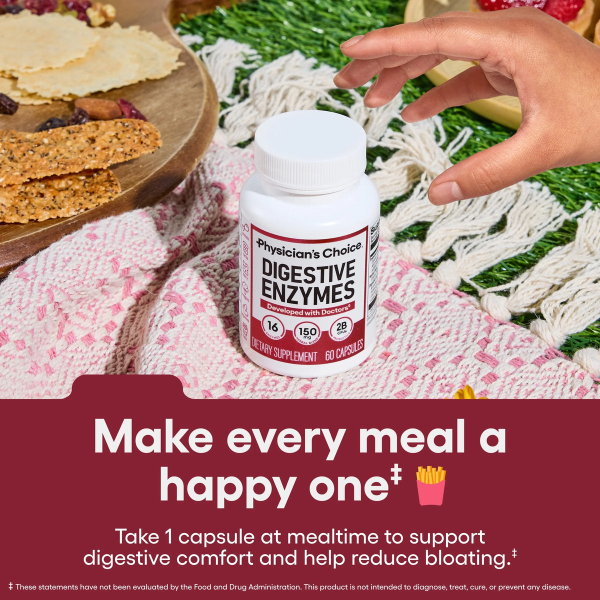 AuraLab Physician's Choice Digestive Enzymes bottle showing 180 capsules for digestive health, gut support, and reducing bloating.